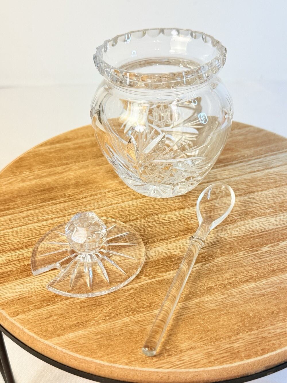 Vtg Cut Crystal Jam, Honey Jar W/ Glass Spoon Scalloped Lid